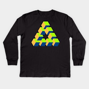 Cubes Optical Illusion in Green, Orange and Blue Kids Long Sleeve T-Shirt